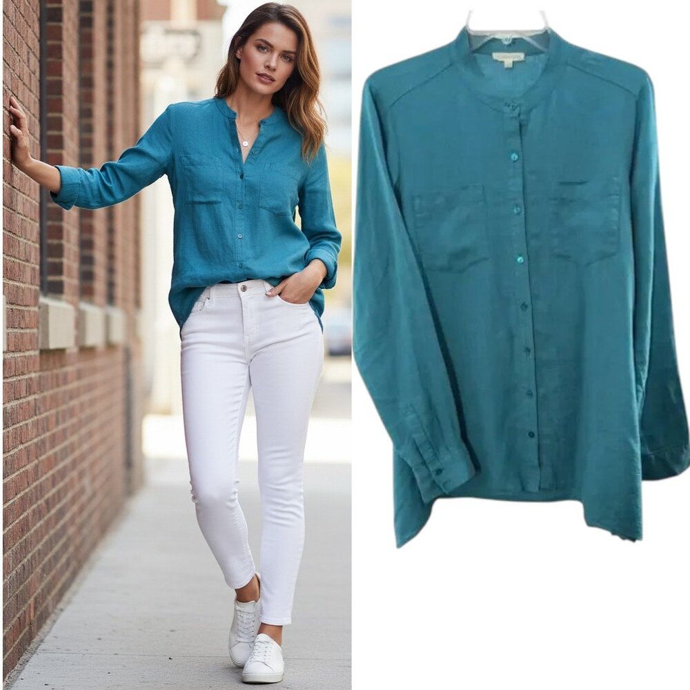 Eileen Fisher Irish Linen Button Down Top Wmn's Sz XS Blue Oversized Long Sleeve